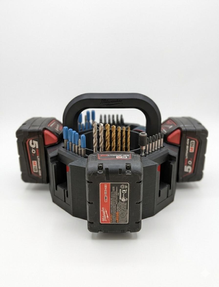 Organisateur rotatif imprimé 3D avec huit batteries Milwaukee M18