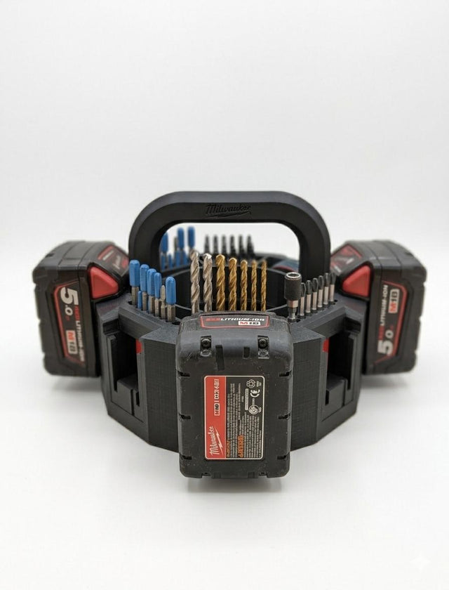 Organisateur rotatif imprimé 3D avec huit batteries Milwaukee M18