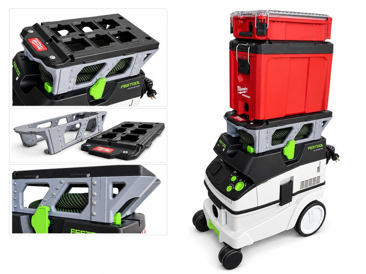 Adaptateur imprimé en 3D pour fixer une caisse Milwaukee Packout sur un aspirateur Festool