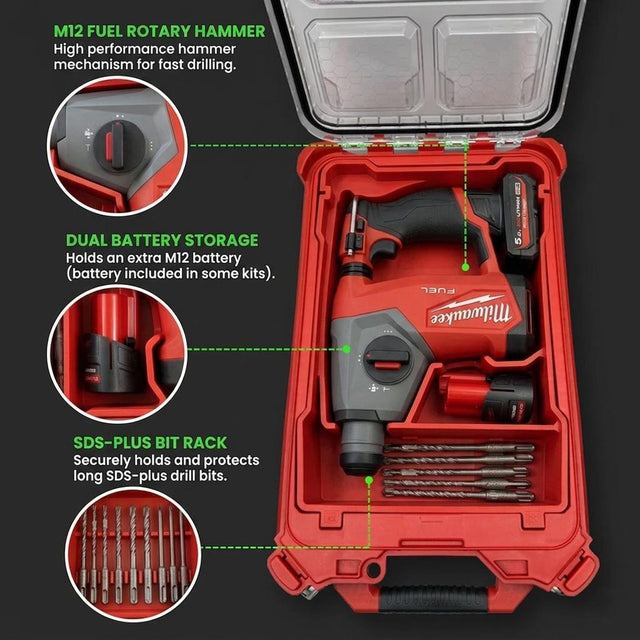 Insert Packout M12 FUEL SDS avec perforateur, forets et batterie Milwaukee dans le coffre 4932464083