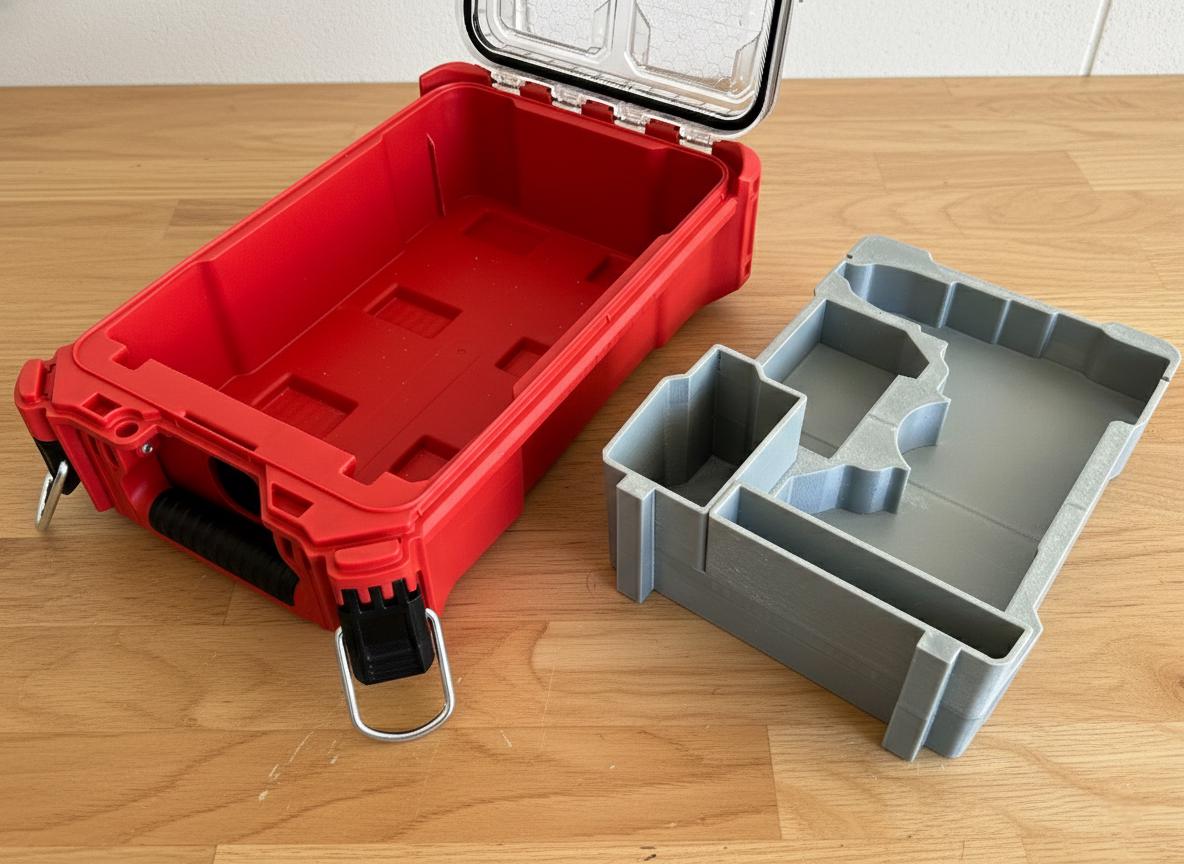 Insert 3DIMPRINT M18 FPD3 en PETG hors du coffre Packout, vue des compartiments