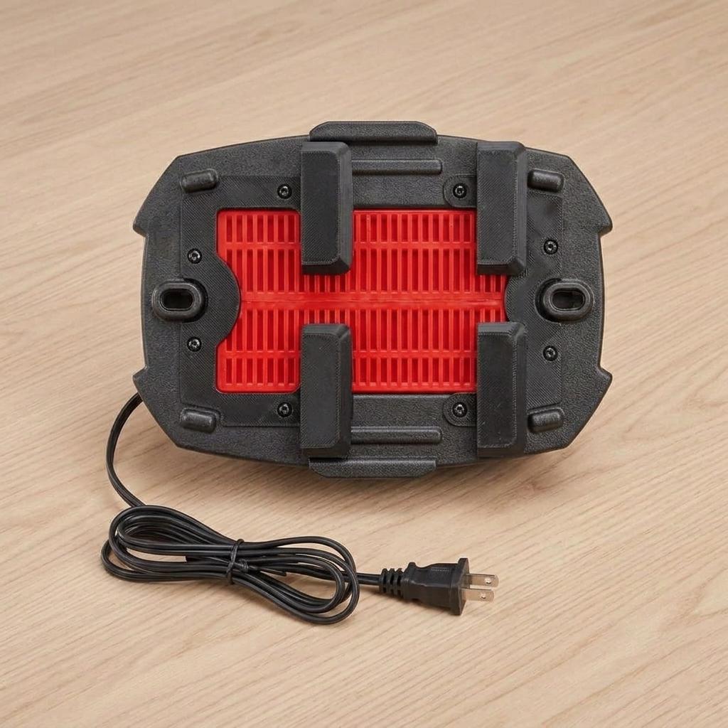 Chargeur Milwaukee M18 installé sur son support mural, batterie en charge