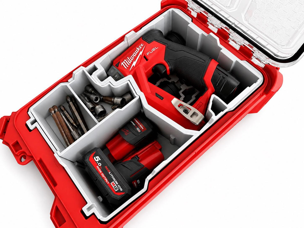Détail des emplacements batteries M12 de l'insert Packout FDDX imprimé en PETG