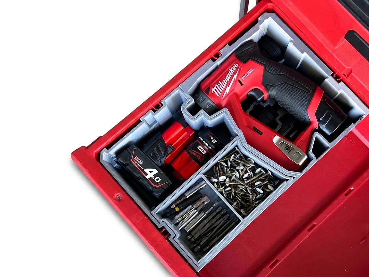 Insert Packout pour visseuse Milwaukee M12 FDDX et ses têtes interchangeables dans un coffret à tiroirs