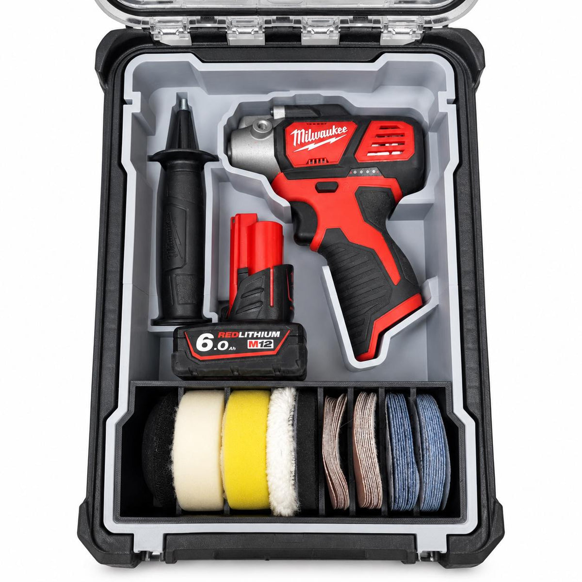 Insert Packout M12 BPS avec ponceuse-polisseuse Milwaukee, batterie et disques rangés dans le coffre